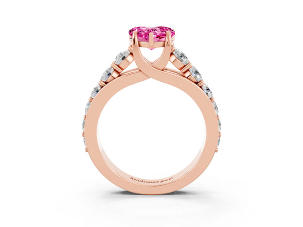 Rose gold Heart Cut Pink Sapphire Engagement Ring with Pavé Band and Four-Prong Setting