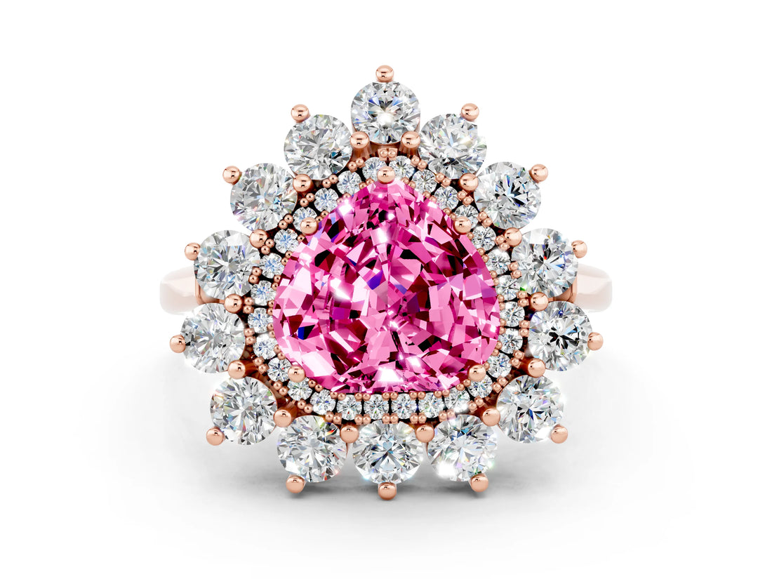 Rose gold Heart Cut Pink Sapphire Floral Double Halo Engagement Ring with Prong Setting_66