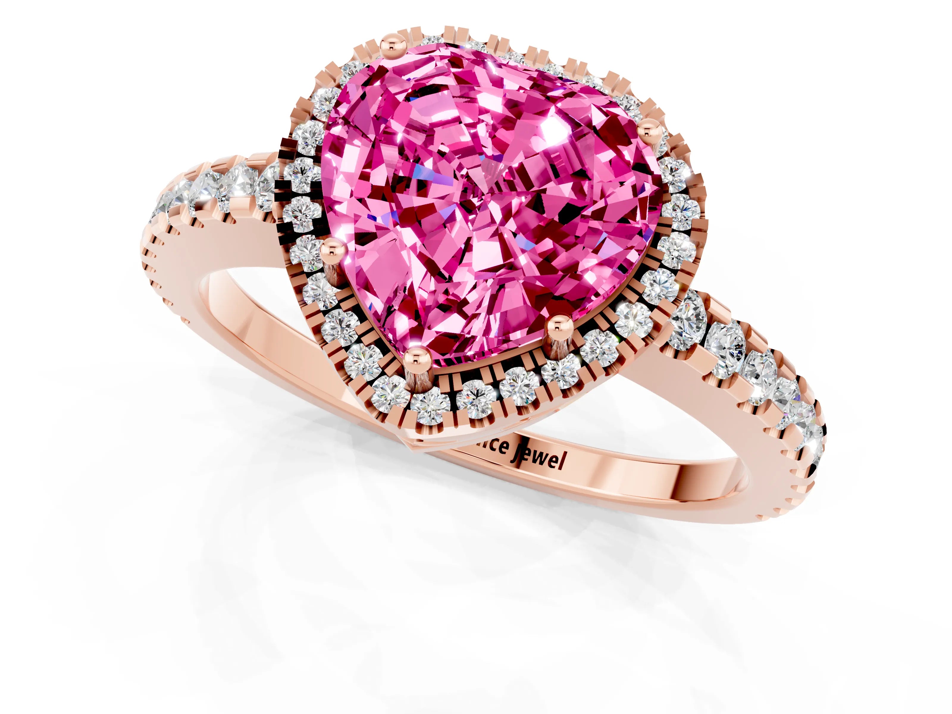 Rose gold Heart Cut Pink Sapphire Halo Engagement Ring with Pavé Band and Prong Setting_13