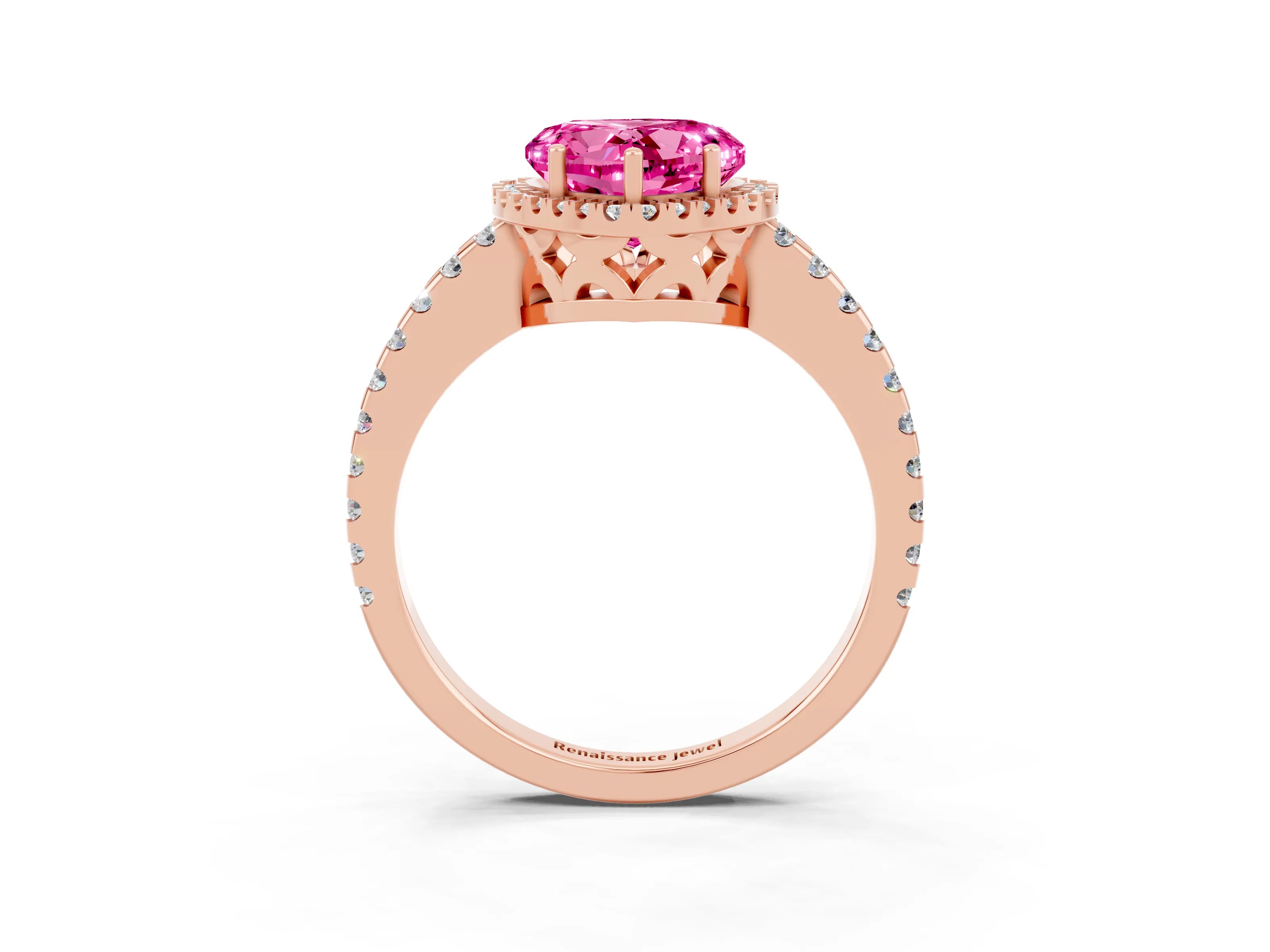 Rose gold Heart Cut Pink Sapphire Halo Engagement Ring with Pavé Band and Prong Setting_15