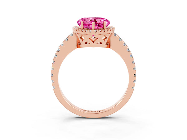Rose gold Heart Cut Pink Sapphire Halo Engagement Ring with Pavé Band and Prong Setting