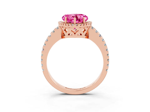 Rose gold Heart Cut Pink Sapphire Halo Engagement Ring with Pavé Band and Prong Setting_15