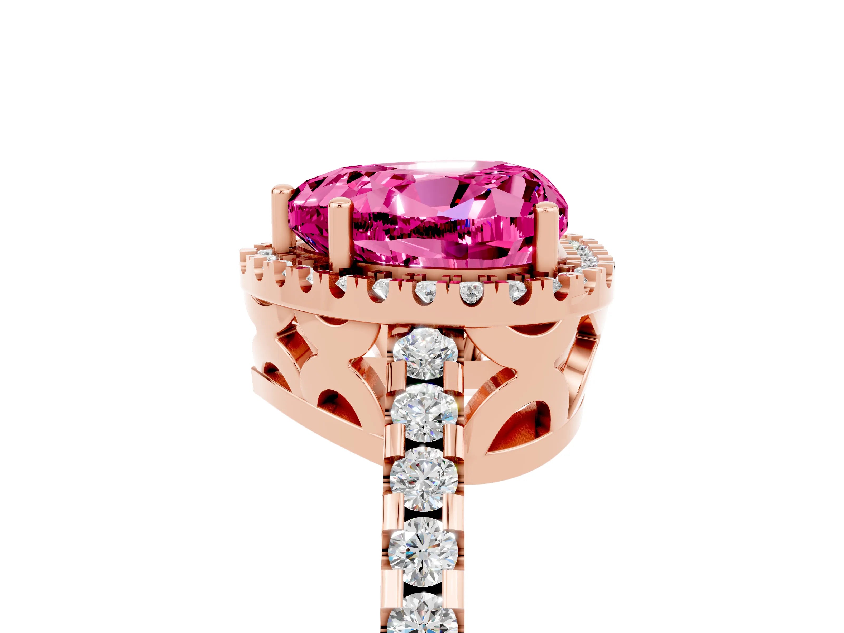 Rose gold Heart Cut Pink Sapphire Halo Engagement Ring with Pavé Band and Prong Setting_17
