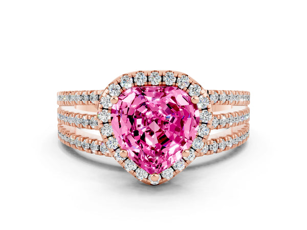 Rose gold Heart Cut Pink Sapphire Halo Engagement Ring with Split Shank and Four-Prong Setting