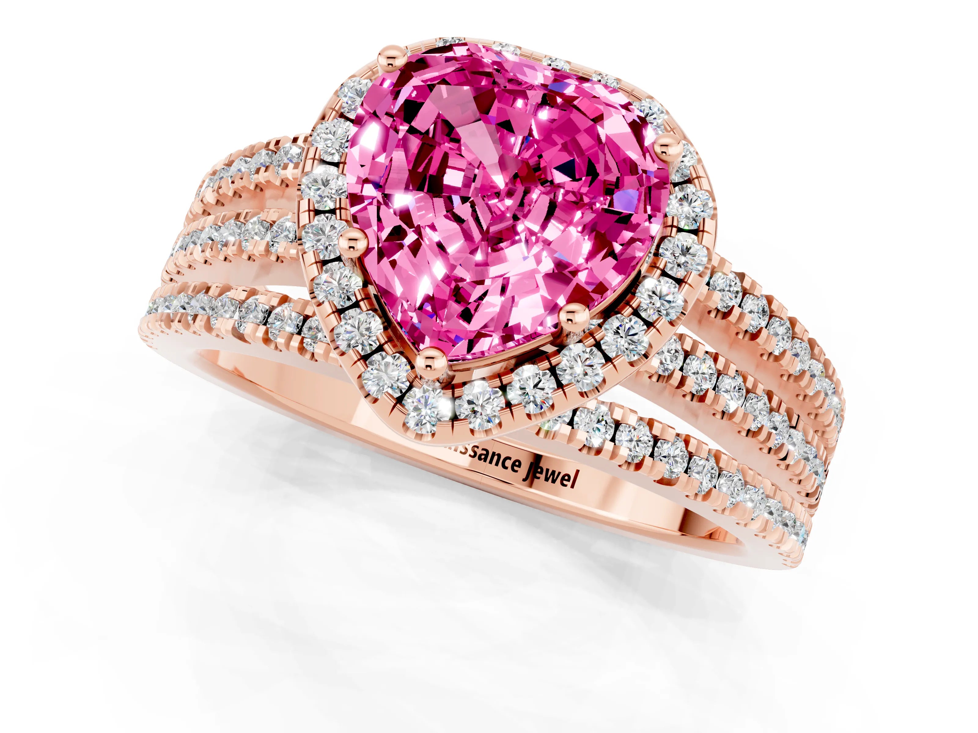 Rose gold Heart Cut Pink Sapphire Halo Engagement Ring with Split Shank and Four-Prong Setting_1