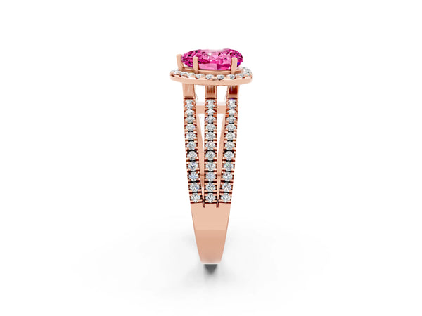 Rose gold Heart Cut Pink Sapphire Halo Engagement Ring with Split Shank and Four-Prong Setting
