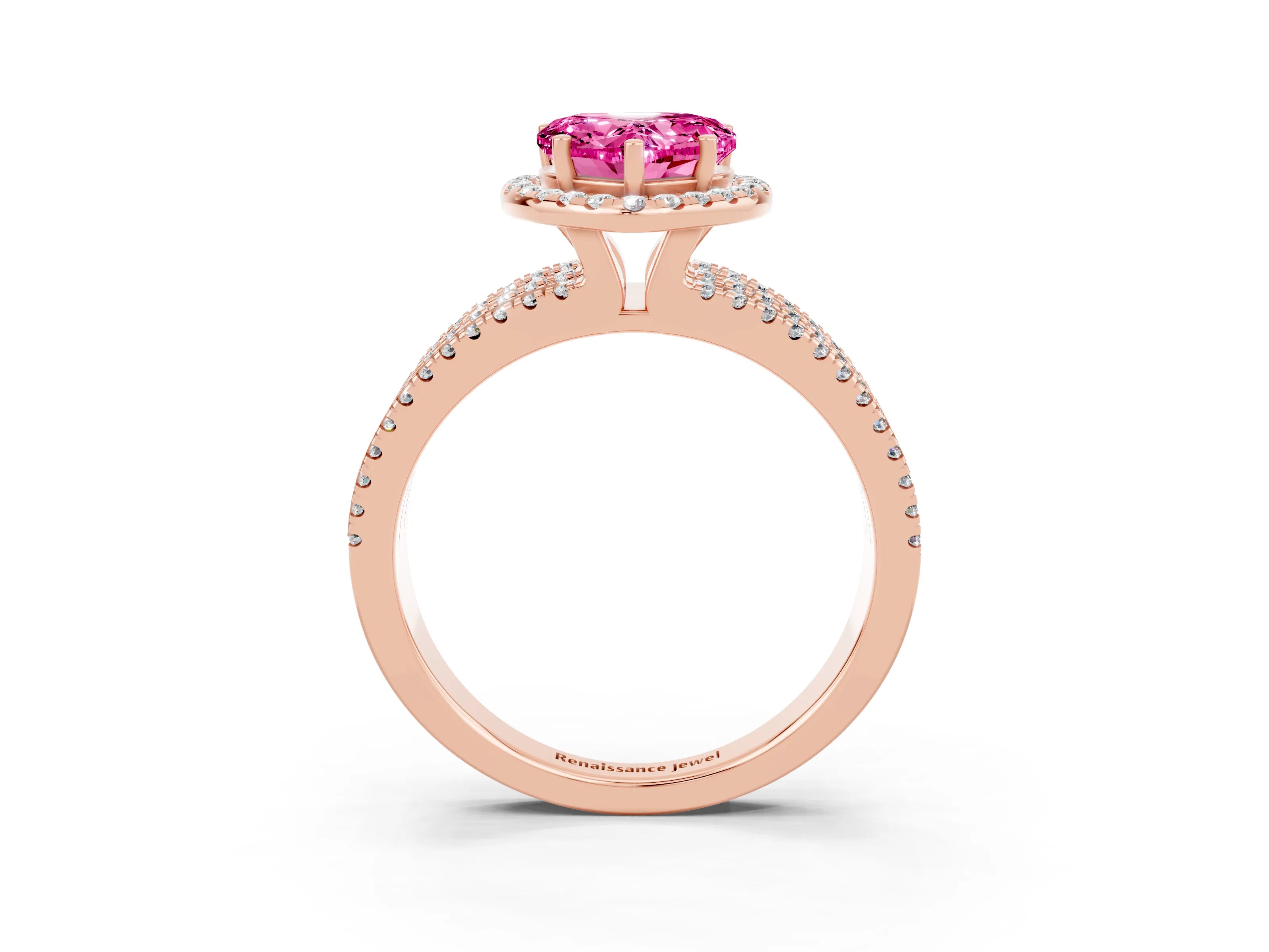 Rose gold Heart Cut Pink Sapphire Halo Engagement Ring with Split Shank and Four-Prong Setting_3