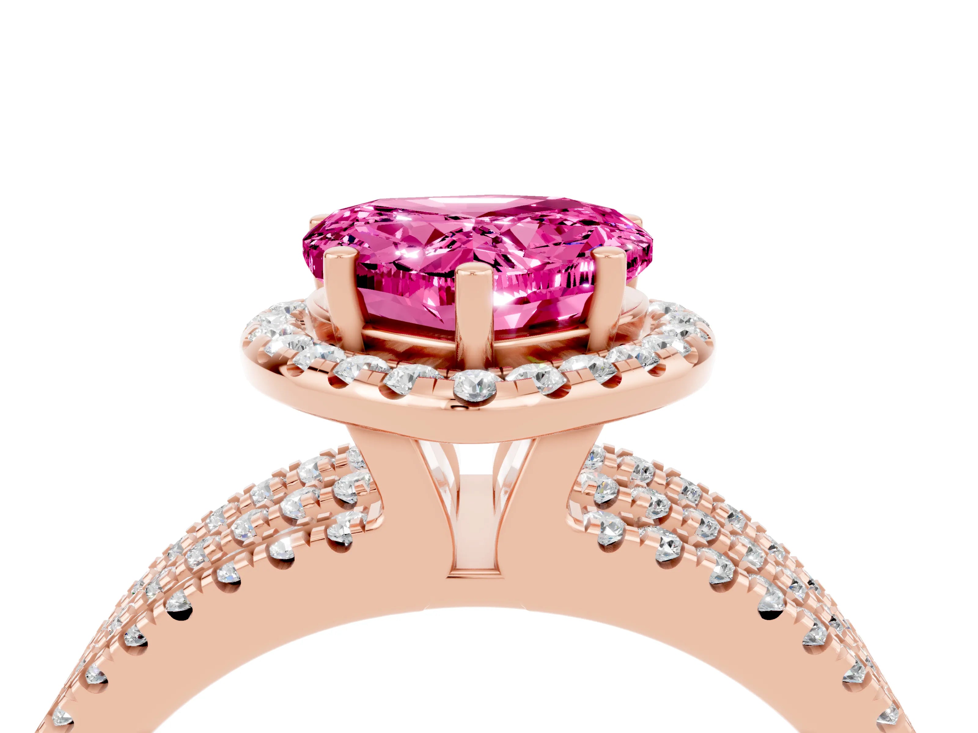 Rose gold Heart Cut Pink Sapphire Halo Engagement Ring with Split Shank and Four-Prong Setting_4