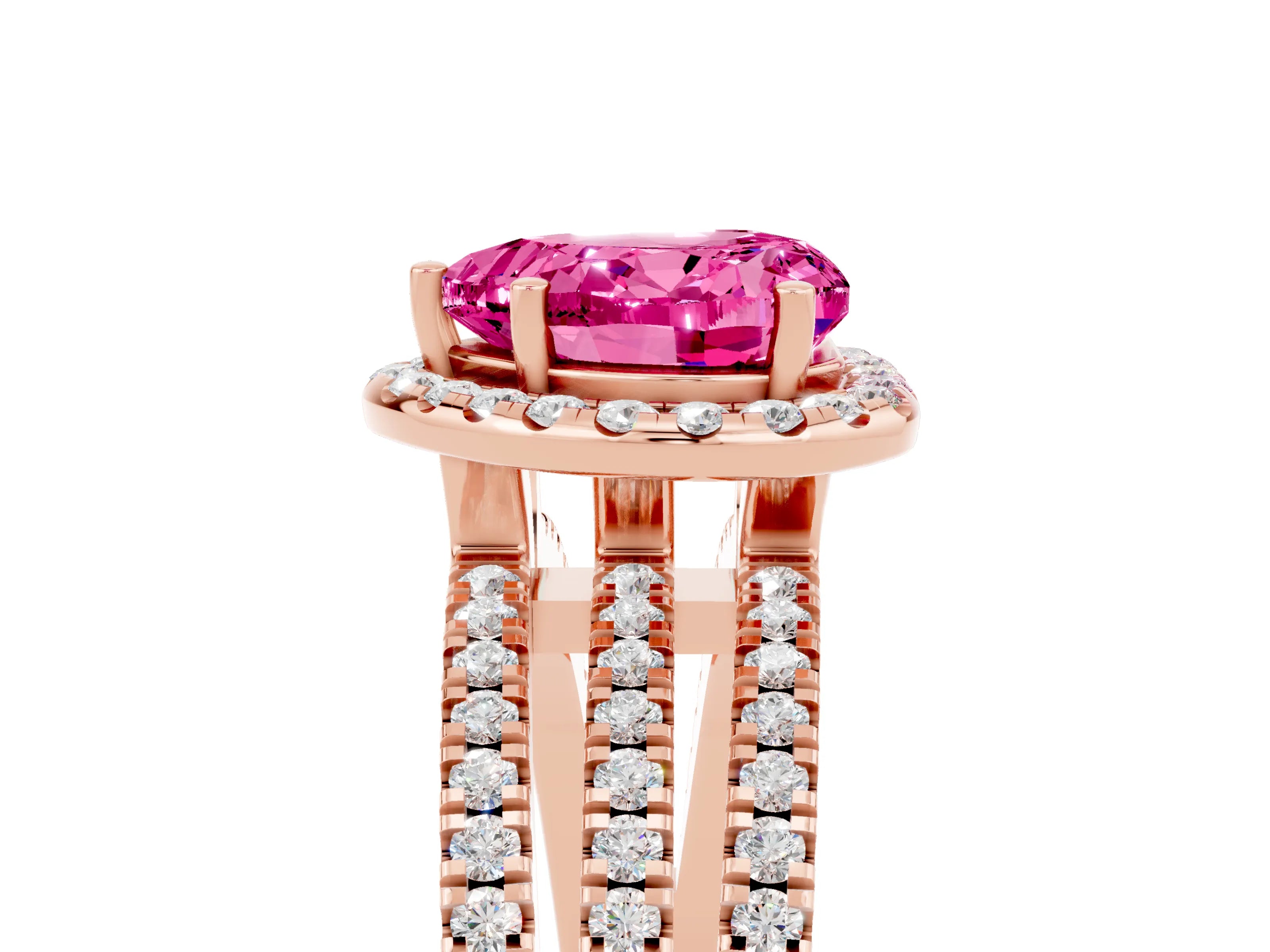 Rose gold Heart Cut Pink Sapphire Halo Engagement Ring with Split Shank and Four-Prong Setting_5