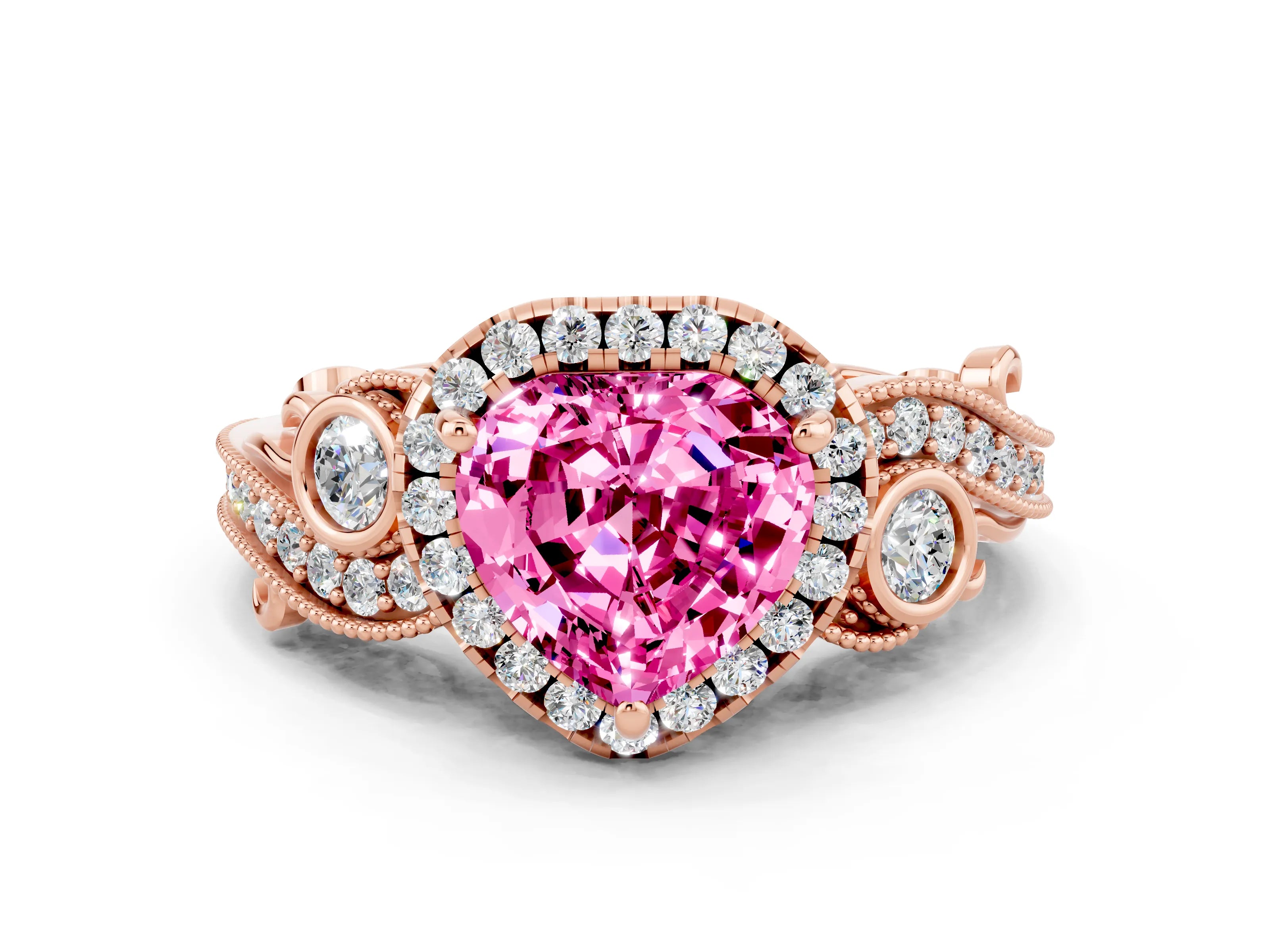 Rose gold Heart Cut Pink Sapphire Halo Ring with Milgrain Pavé Band and Four-Prong Setting_12