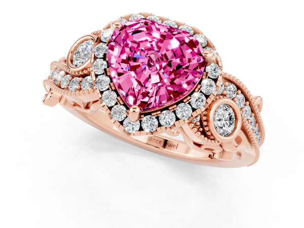 Rose gold Heart Cut Pink Sapphire Halo Ring with Milgrain Pavé Band and Four-Prong Setting