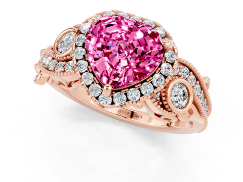 Rose gold Heart Cut Pink Sapphire Halo Ring with Milgrain Pavé Band and Four-Prong Setting_13