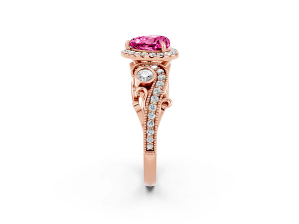 Rose gold Heart Cut Pink Sapphire Halo Ring with Milgrain Pavé Band and Four-Prong Setting