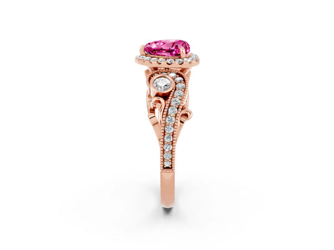 Rose gold Heart Cut Pink Sapphire Halo Ring with Milgrain Pavé Band and Four-Prong Setting_14