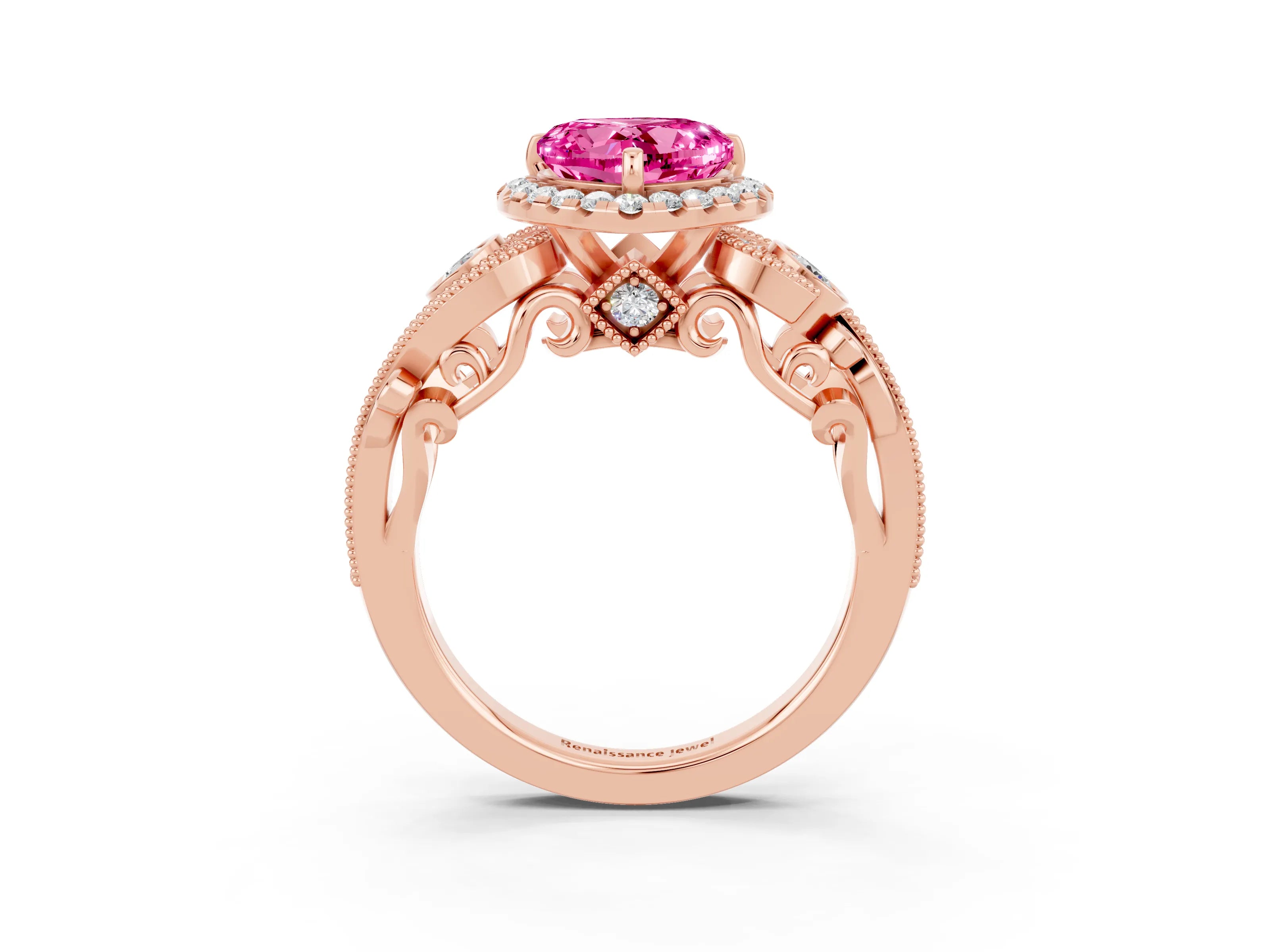 Rose gold Heart Cut Pink Sapphire Halo Ring with Milgrain Pavé Band and Four-Prong Setting_15