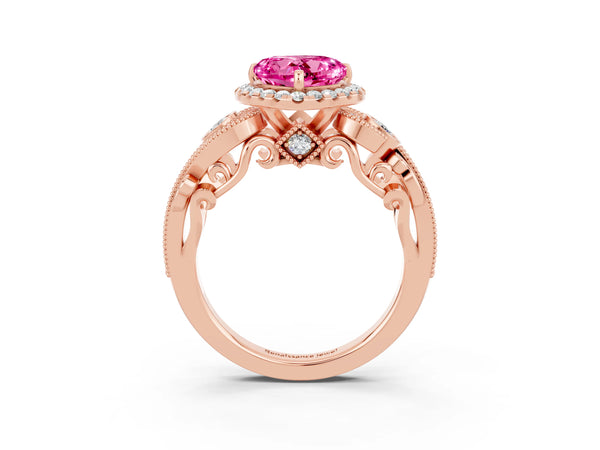 Rose gold Heart Cut Pink Sapphire Halo Ring with Milgrain Pavé Band and Four-Prong Setting