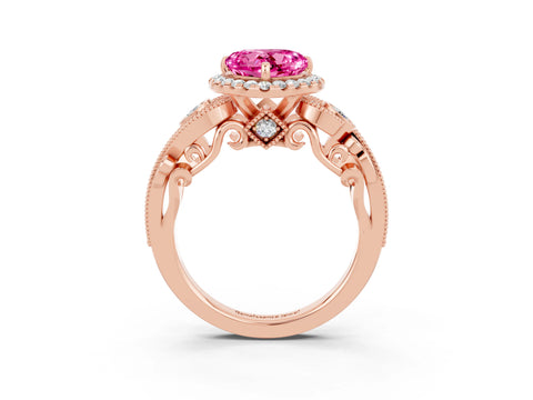 Rose gold Heart Cut Pink Sapphire Halo Ring with Milgrain Pavé Band and Four-Prong Setting_15