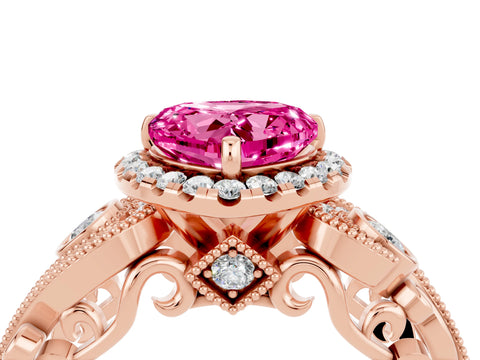 Rose gold Heart Cut Pink Sapphire Halo Ring with Milgrain Pavé Band and Four-Prong Setting_16