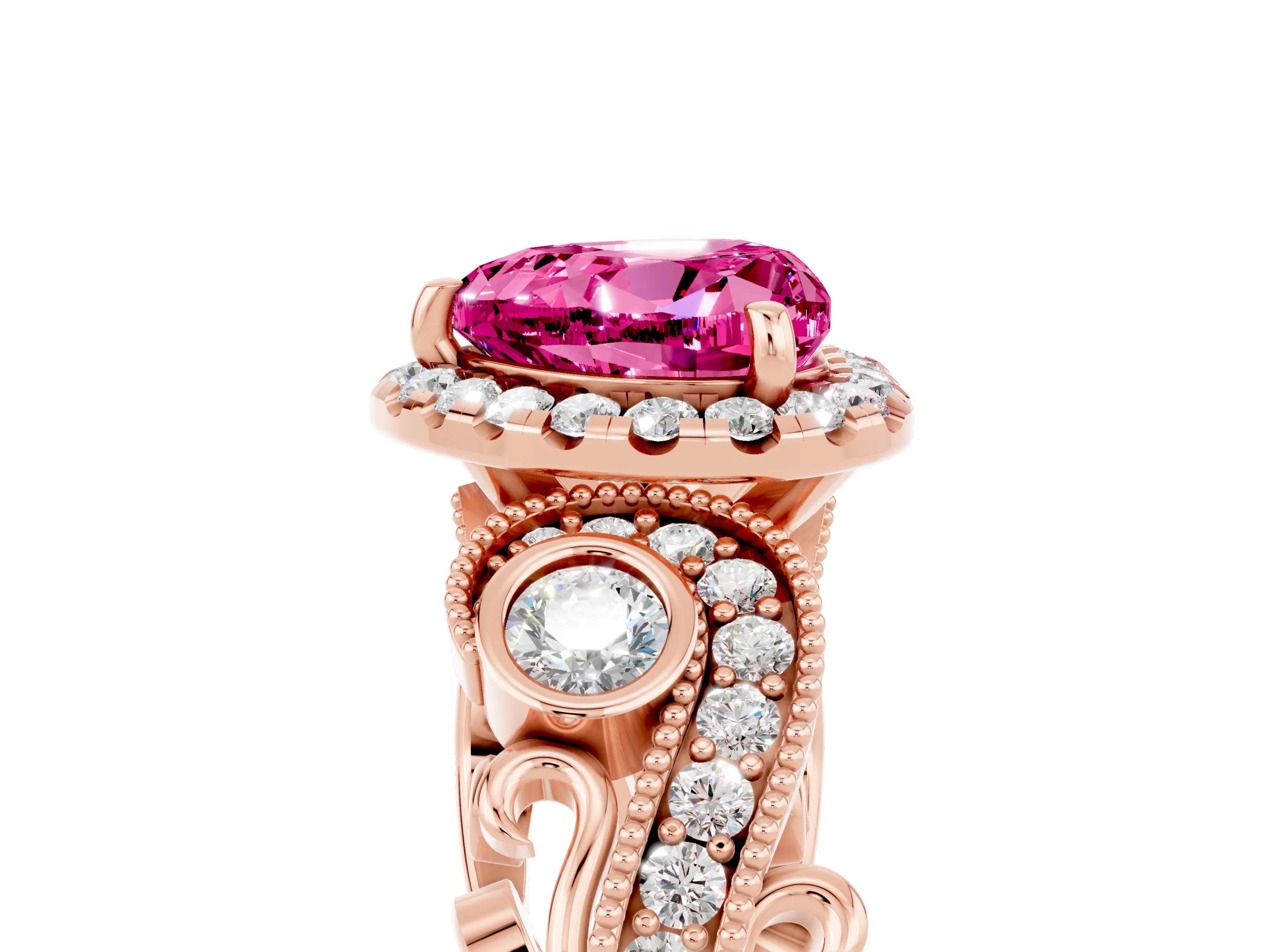 Rose gold Heart Cut Pink Sapphire Halo Ring with Milgrain Pavé Band and Four-Prong Setting_17