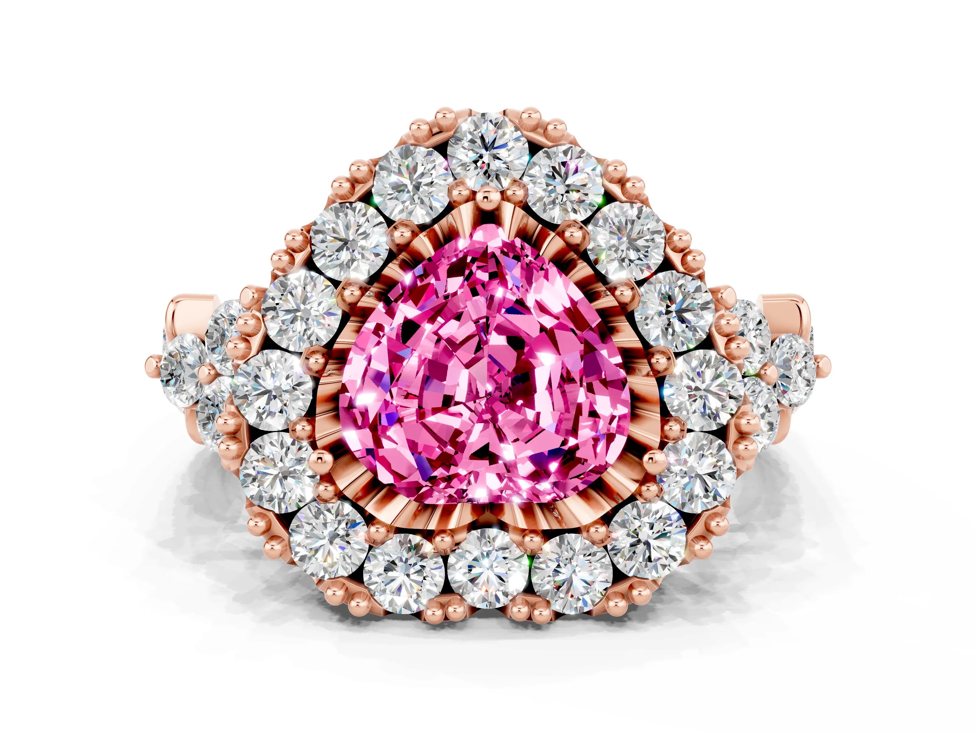 Rose gold Heart Cut Pink Sapphire Halo Ring with Pavé Band and Four-Prong Setting_12