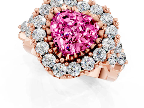 Rose gold Heart Cut Pink Sapphire Halo Ring with Pavé Band and Four-Prong Setting_13
