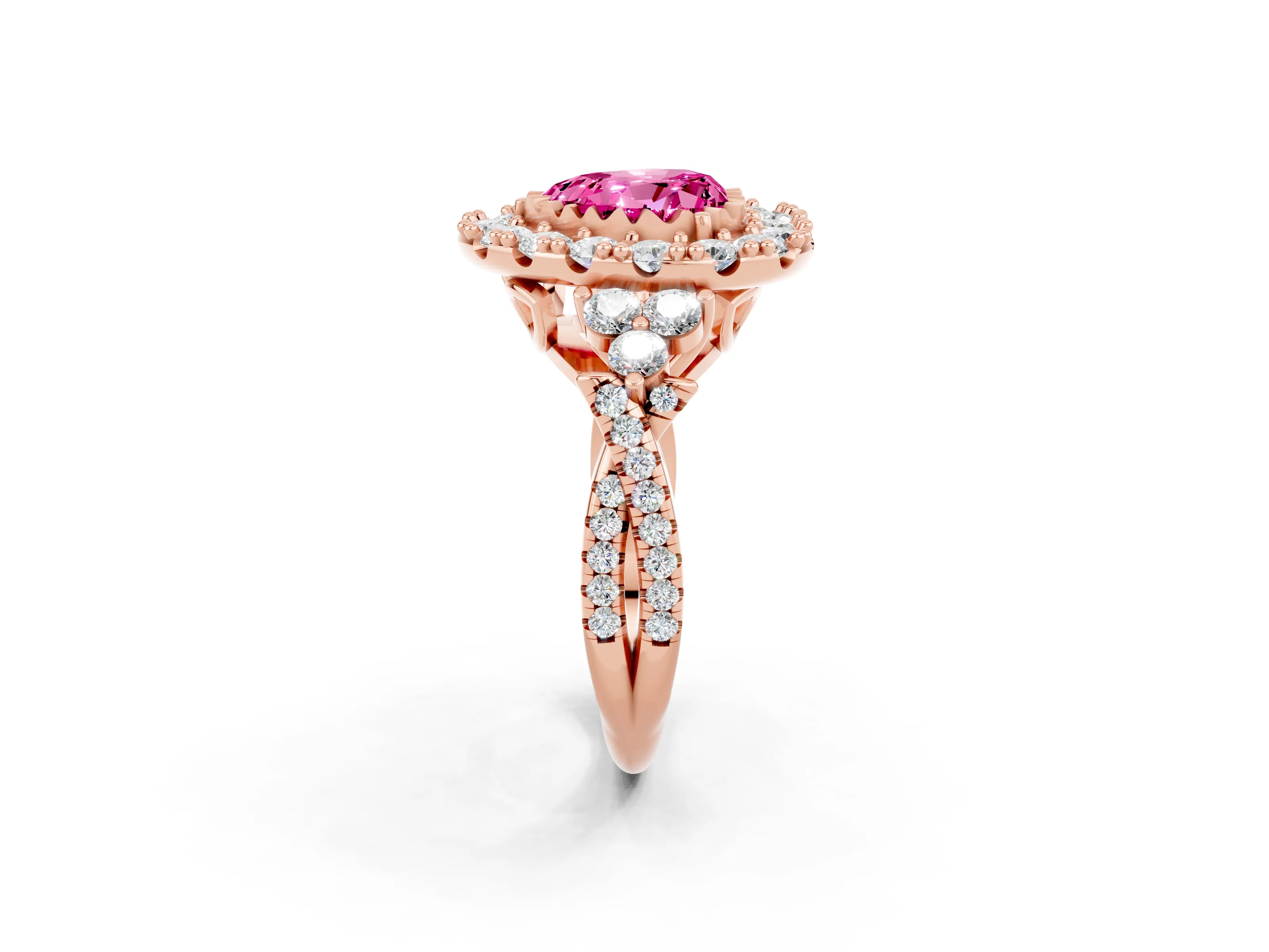 Rose gold Heart Cut Pink Sapphire Halo Ring with Pavé Band and Four-Prong Setting_14