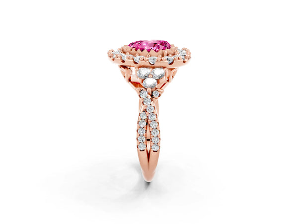 Rose gold Heart Cut Pink Sapphire Halo Ring with Pavé Band and Four-Prong Setting
