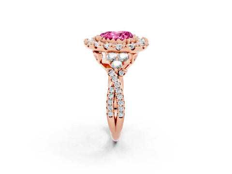 Rose gold Heart Cut Pink Sapphire Halo Ring with Pavé Band and Four-Prong Setting_14