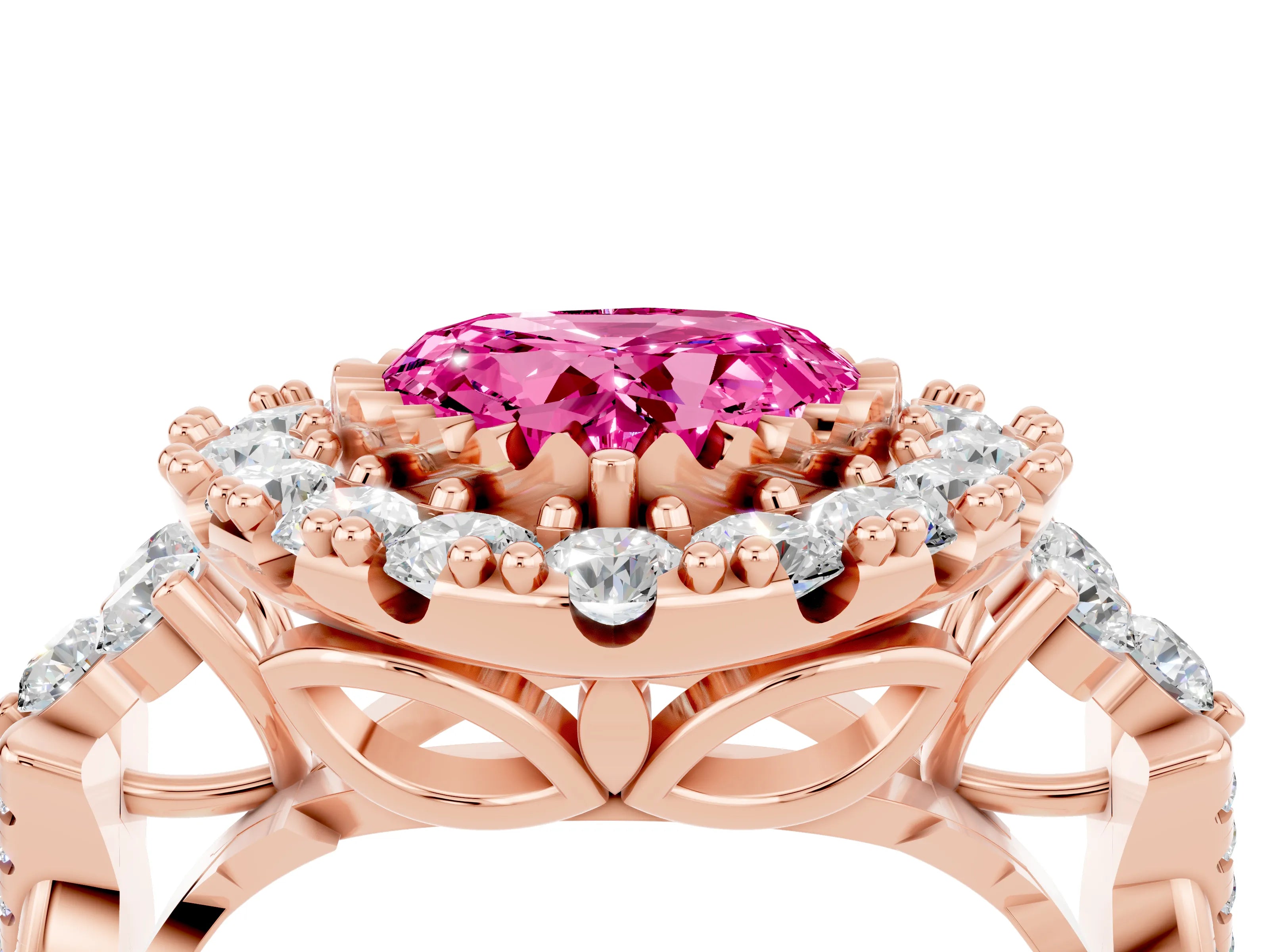 Rose gold Heart Cut Pink Sapphire Halo Ring with Pavé Band and Four-Prong Setting_16