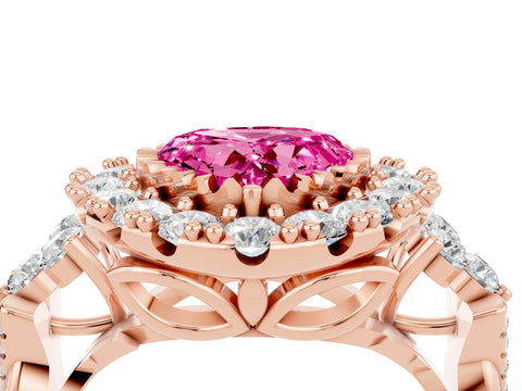 Rose gold Heart Cut Pink Sapphire Halo Ring with Pavé Band and Four-Prong Setting_16