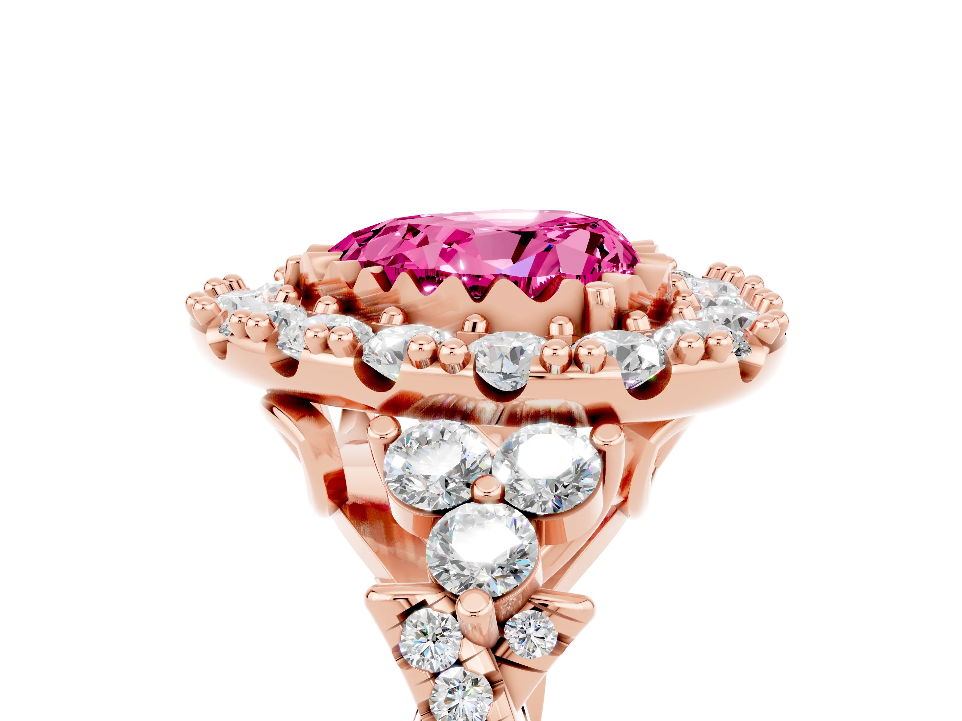 Rose gold Heart Cut Pink Sapphire Halo Ring with Pavé Band and Four-Prong Setting_17