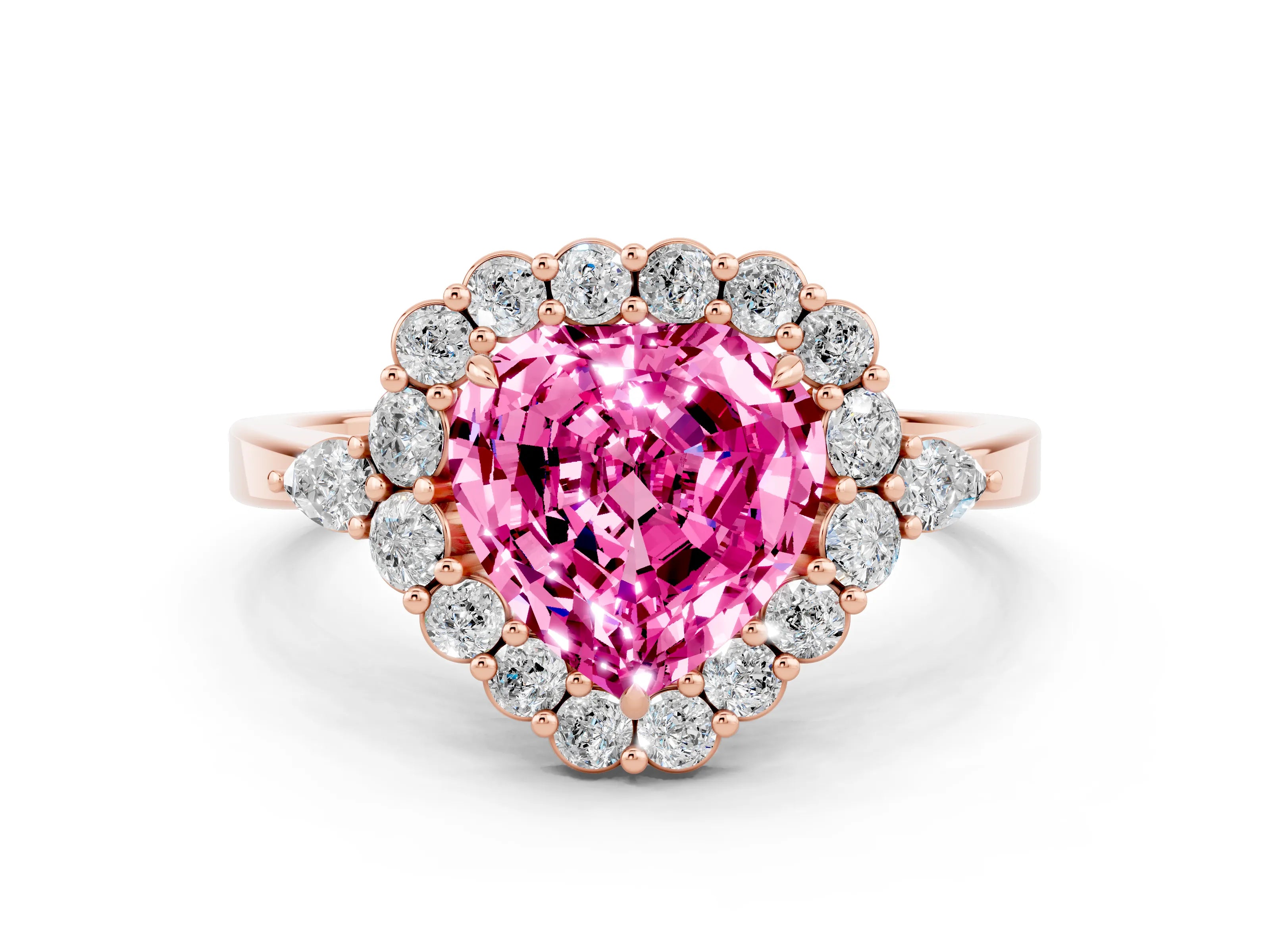 Rose gold Heart Cut Pink Sapphire Halo Ring with Pear Side Stones and Prong Setting_12