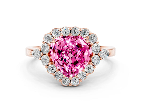 Rose gold Heart Cut Pink Sapphire Halo Ring with Pear Side Stones and Prong Setting