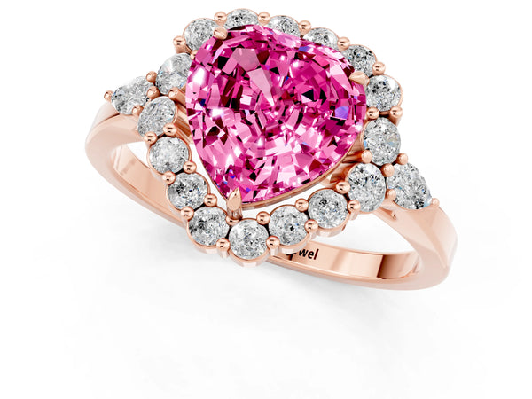 Rose gold Heart Cut Pink Sapphire Halo Ring with Pear Side Stones and Prong Setting