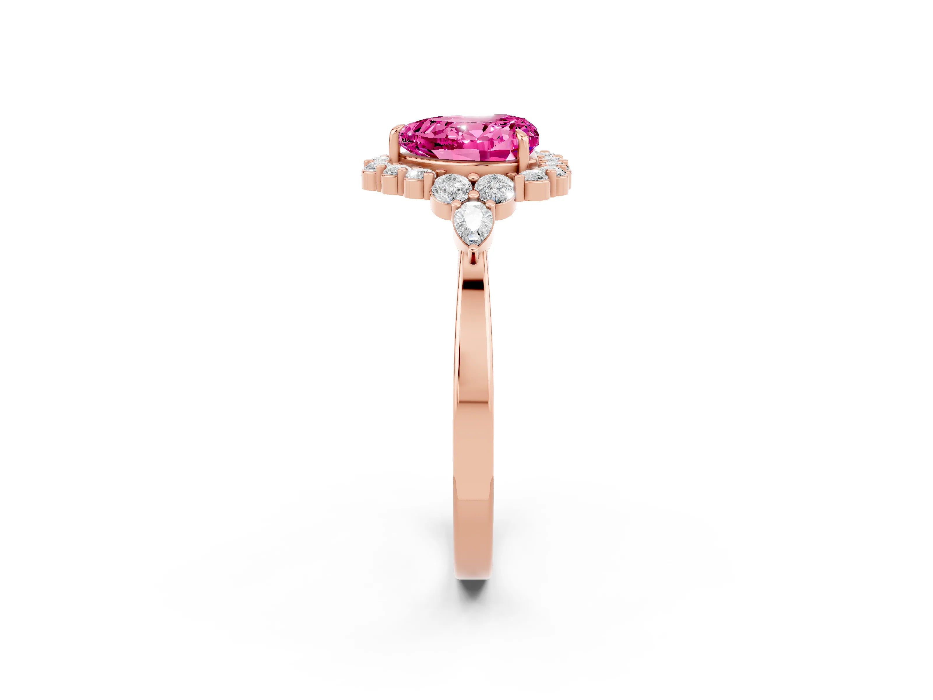 Rose gold Heart Cut Pink Sapphire Halo Ring with Pear Side Stones and Prong Setting_14