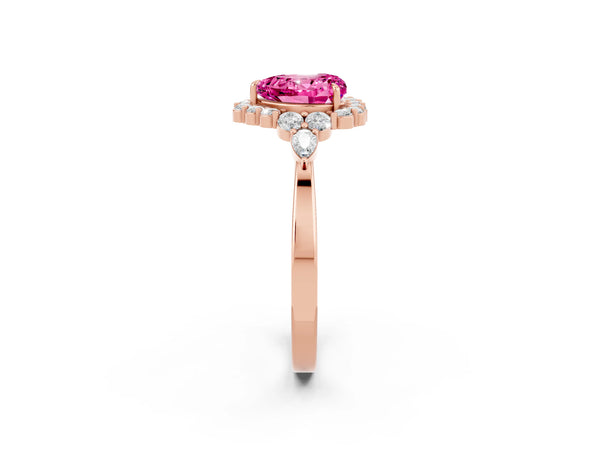 Rose gold Heart Cut Pink Sapphire Halo Ring with Pear Side Stones and Prong Setting