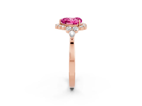 Rose gold Heart Cut Pink Sapphire Halo Ring with Pear Side Stones and Prong Setting_14