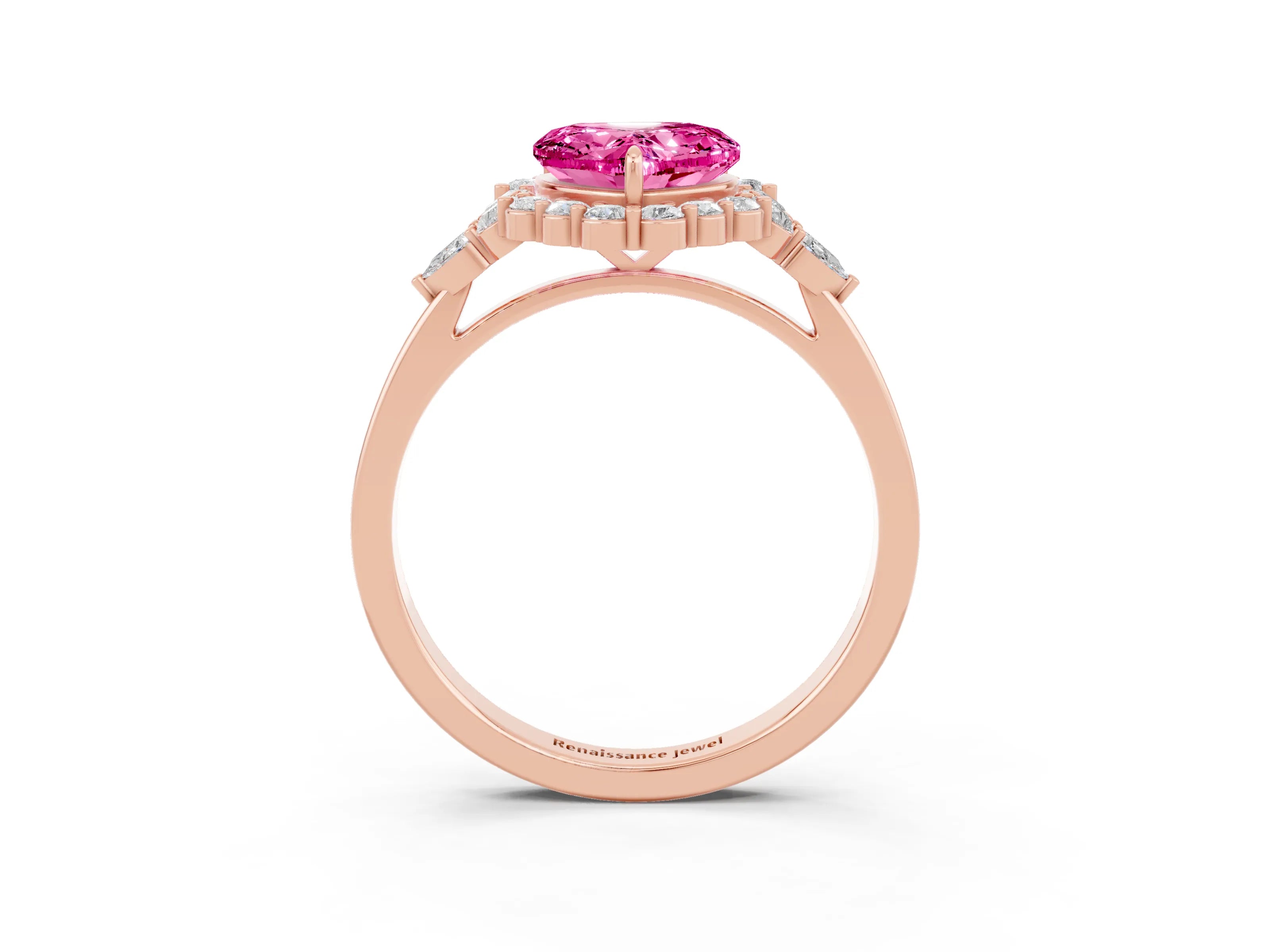 Rose gold Heart Cut Pink Sapphire Halo Ring with Pear Side Stones and Prong Setting_15