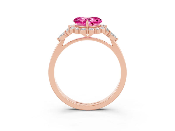Rose gold Heart Cut Pink Sapphire Halo Ring with Pear Side Stones and Prong Setting