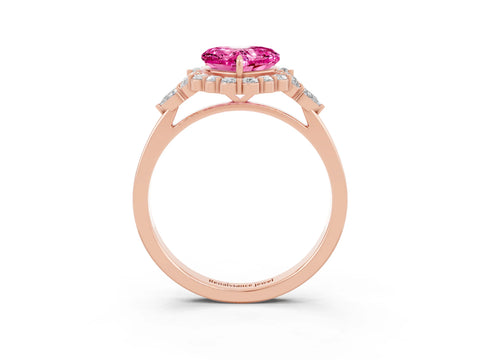 Rose gold Heart Cut Pink Sapphire Halo Ring with Pear Side Stones and Prong Setting_15