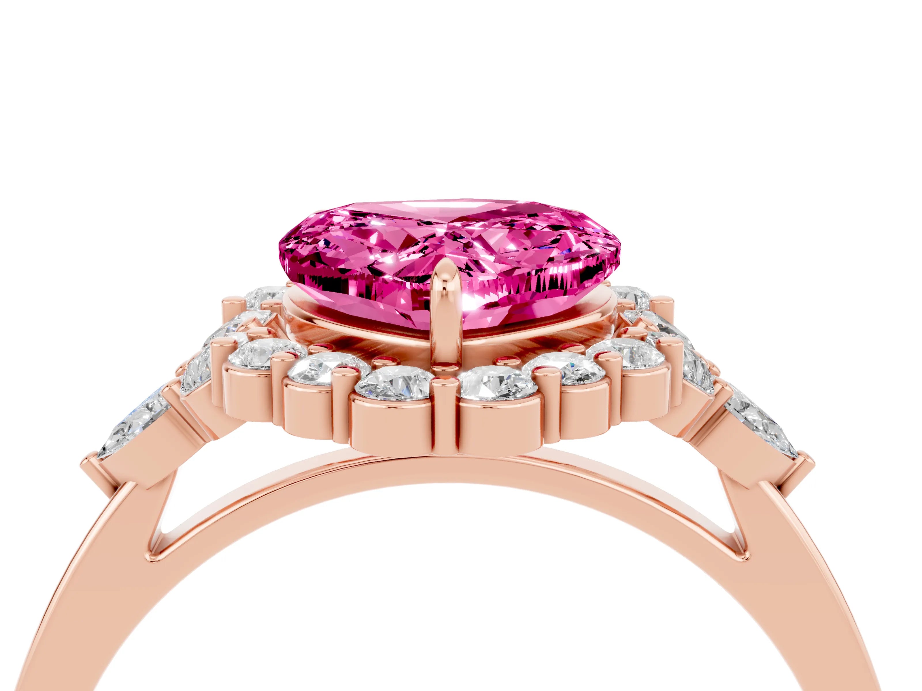 Rose gold Heart Cut Pink Sapphire Halo Ring with Pear Side Stones and Prong Setting_16