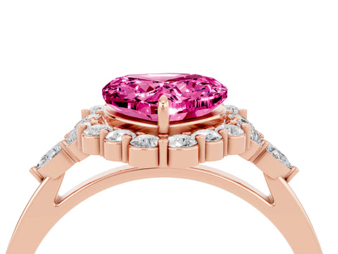 Rose gold Heart Cut Pink Sapphire Halo Ring with Pear Side Stones and Prong Setting_16