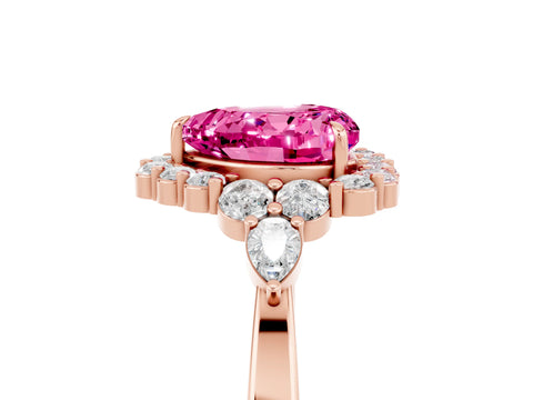 Rose gold Heart Cut Pink Sapphire Halo Ring with Pear Side Stones and Prong Setting_17