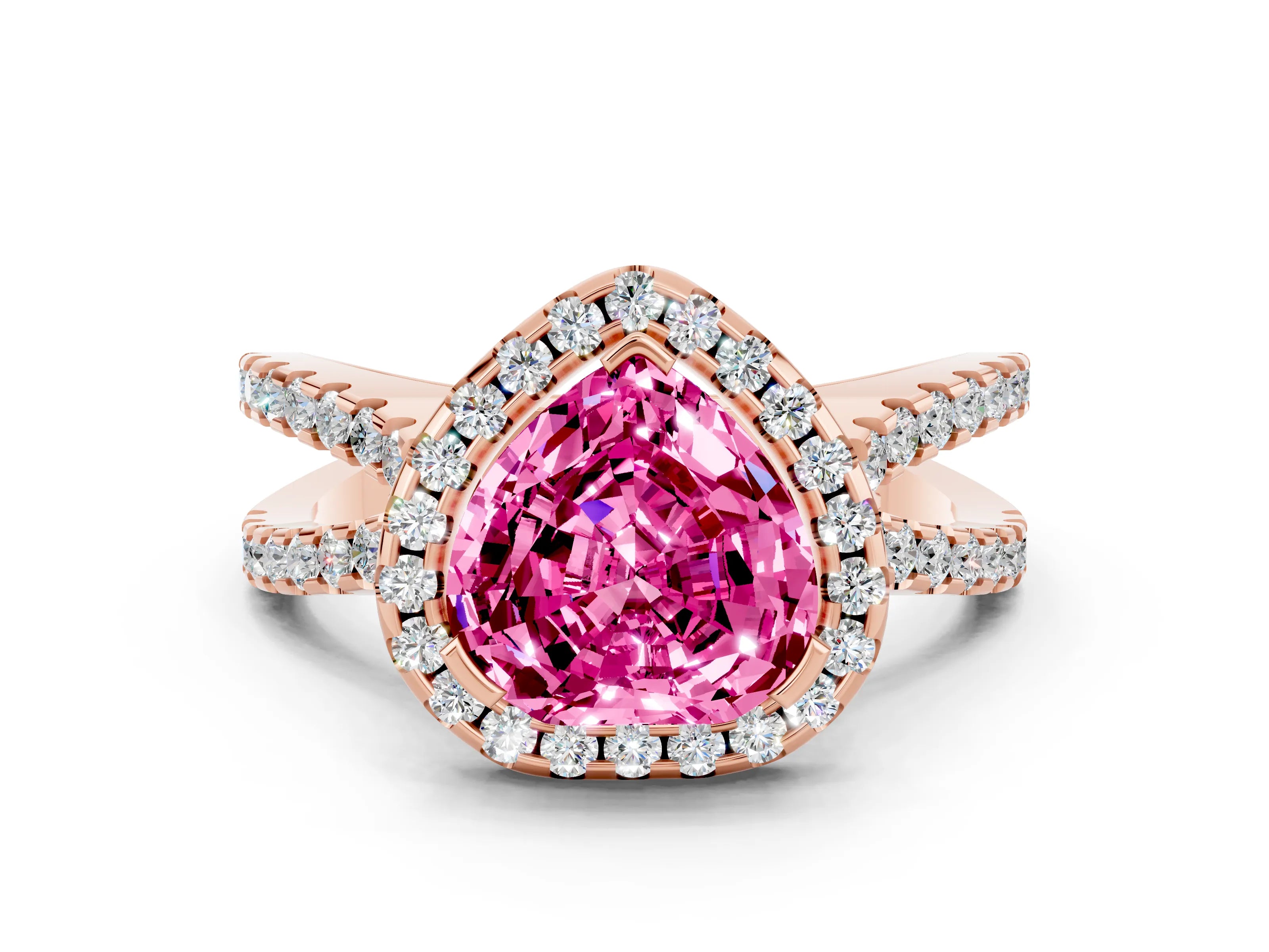 Rose gold Heart Cut Pink Sapphire Halo Ring with Split Shank Pavé Band and Prong Setting_12