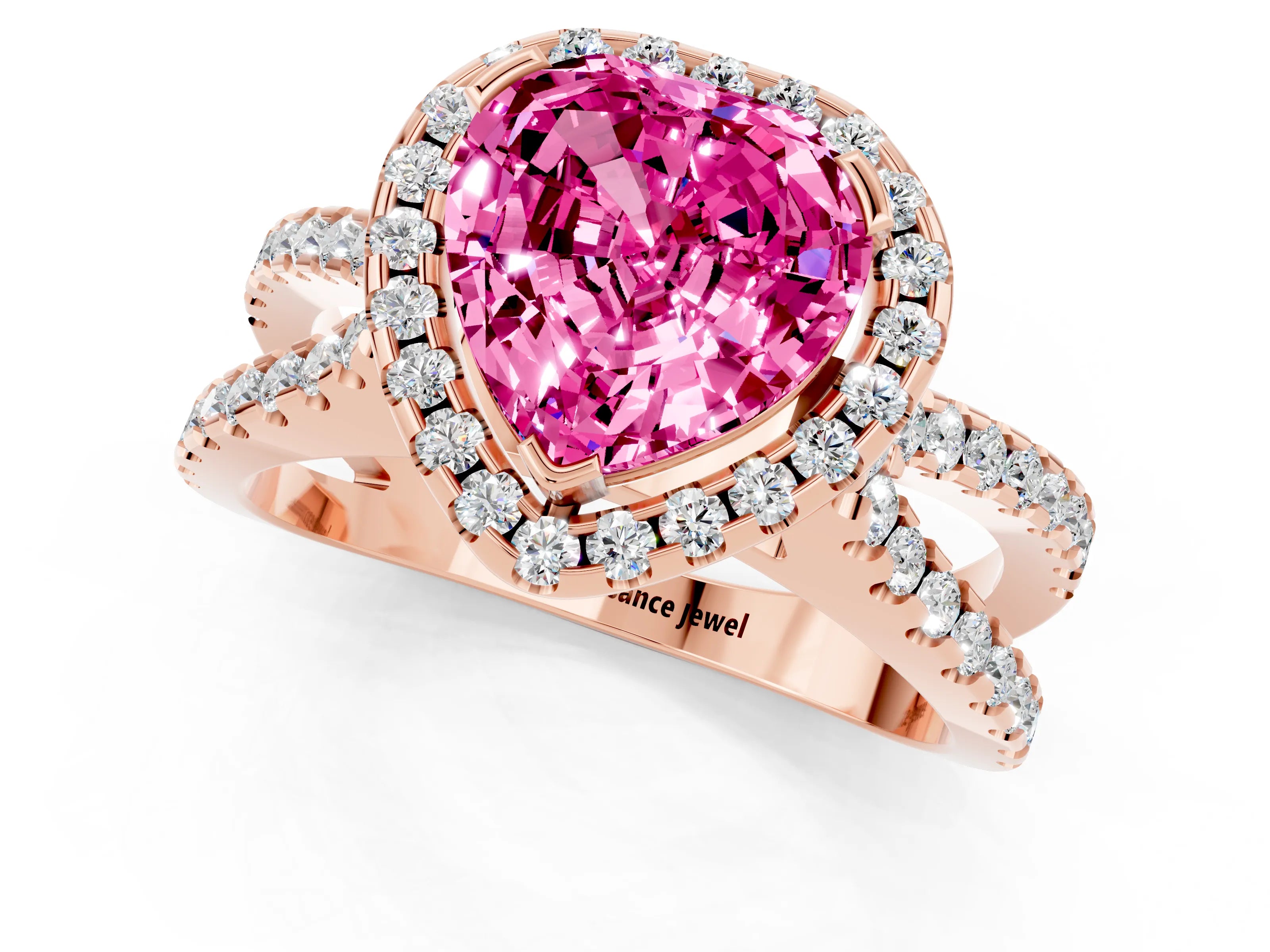 Rose gold Heart Cut Pink Sapphire Halo Ring with Split Shank Pavé Band and Prong Setting_13
