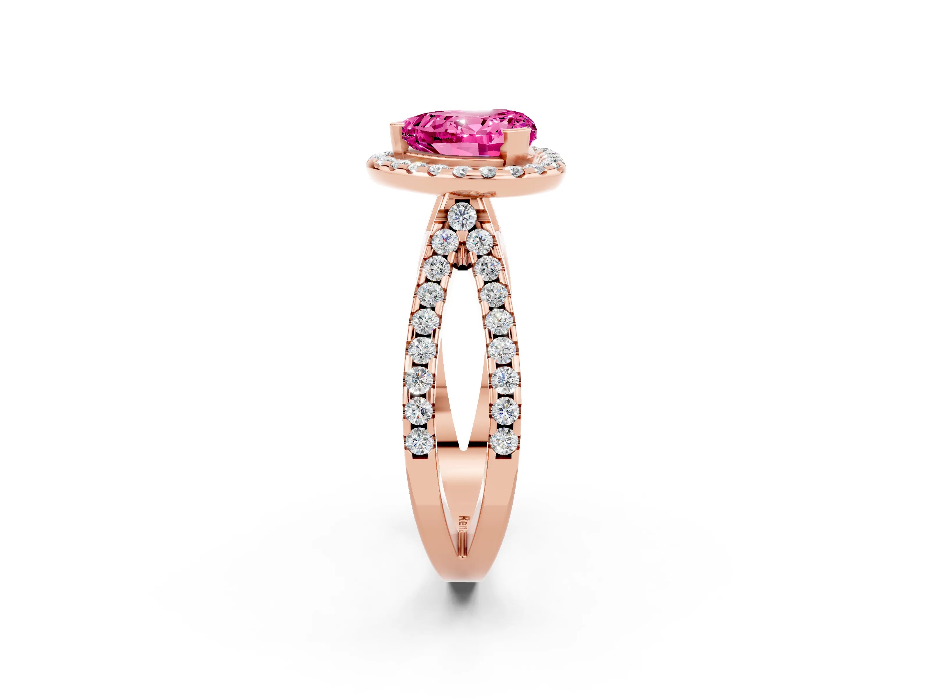 Rose gold Heart Cut Pink Sapphire Halo Ring with Split Shank Pavé Band and Prong Setting_14