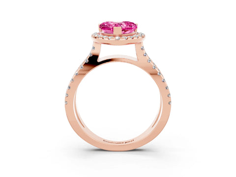 Rose gold Heart Cut Pink Sapphire Halo Ring with Split Shank Pavé Band and Prong Setting_15