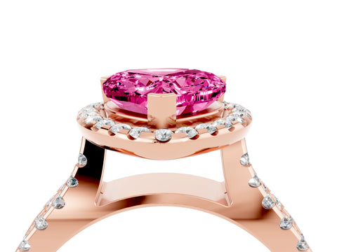 Rose gold Heart Cut Pink Sapphire Halo Ring with Split Shank Pavé Band and Prong Setting_16