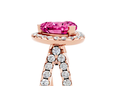 Rose gold Heart Cut Pink Sapphire Halo Ring with Split Shank Pavé Band and Prong Setting_17