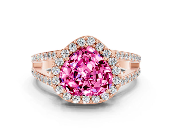 Rose gold Heart Cut Pink Sapphire Halo Ring with Split Shank U-Prong Band and Four-Prong Setting